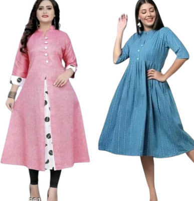 Texpamz Women Striped, Printed A-line Kurta(Pink, Light Blue)