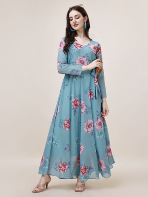 Fashion2wear Women Fit and Flare Light Blue Maxi/Full Length Dress