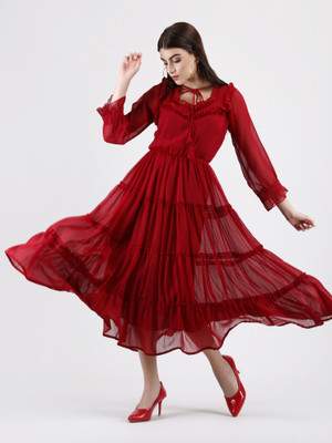 LUSH&LOOM LIFESTYLE Women Fit and Flare Red Midi/Calf Length Dress