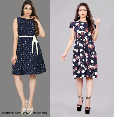 Modli 20 Fashion Women Fit and Flare Dark Blue Below Knee Dress