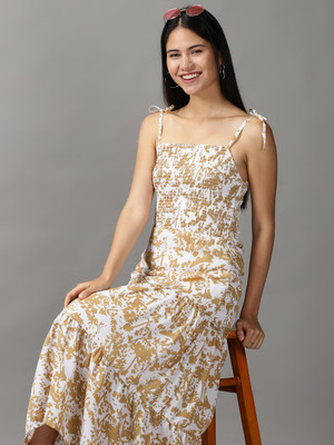 SHOWOFFFF Women Fit and Flare White, Beige Midi/Calf Length Dress