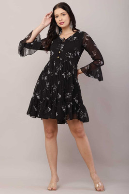 Stylespot Women Fit and Flare Black Knee Length Dress