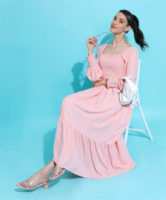 Tokyo Talkies Women Tiered Pink Maxi/Full Length Dress