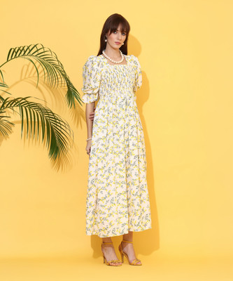 Sheetal Associates Women A-line White, Yellow Below Knee Dress