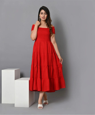 IQRAAR Women Fit and Flare Red Midi/Calf Length Dress