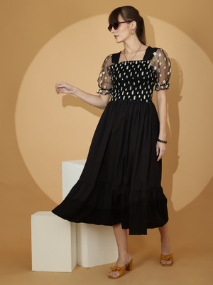 Honky Tonky Women Fit and Flare Black Midi/Calf Length Dress