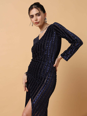 SHOWOFFFF Women Wrap Dark Blue Midi/Calf Length Dress