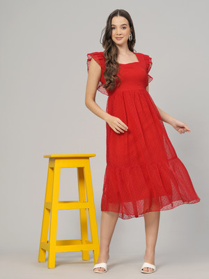 Jyoti Women Fit and Flare Red Midi/Calf Length Dress
