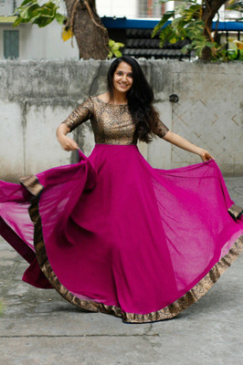 TADKESHVAR Women Fit and Flare Pink Maxi/Full Length Dress