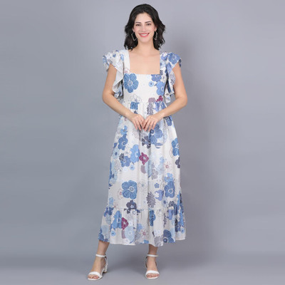 LEETOS Women Fit and Flare Blue, White Maxi/Full Length Dress