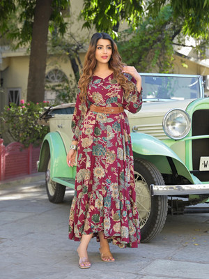 DIVENA Women Fit and Flare Maroon Midi/Calf Length Dress