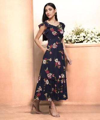 Miss Chase Women Fit and Flare Blue Maxi/Full Length Dress