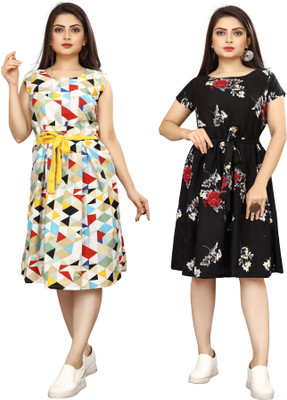 FashhionWorld Women Fit and Flare Multicolor Knee Length Dress