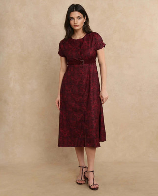RAREISM Women A-line Maroon Midi/Calf Length Dress