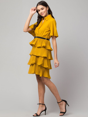 O Madam Women Layered Yellow Above Knee/Mid Thigh Length Dress