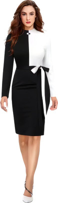HouseOfCommon Women Bodycon Black, White Knee Length Dress