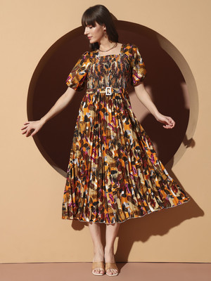ZWERLON Women A-line Brown Midi/Calf Length Dress