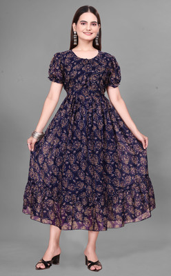 QUEUEE CREATION Women Fit and Flare Dark Blue Midi/Calf Length Dress
