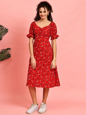 Jakanary Women Fit and Flare Red Midi/Calf Length Dress