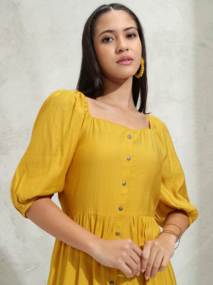 Vishudh Women A-line Yellow Midi/Calf Length Dress