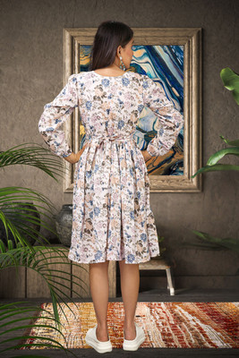 HOC's Women Fit and Flare White Knee Length Dress
