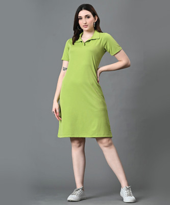 MOD YOUNG Solid Women Polo Neck Light Green T-Shirt
