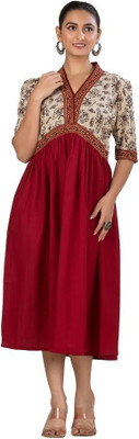 Crazy Needle Women Fit and Flare Maroon Midi/Calf Length Dress