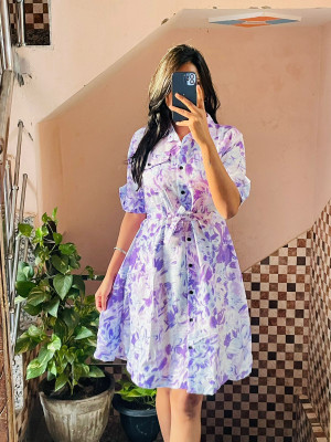 RKK COLLECTIONS Women Fit and Flare Purple, White Midi/Calf Length Dress