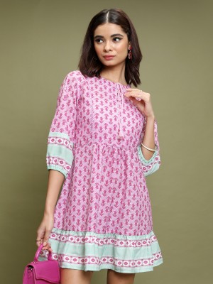 Vishudh Women Fit and Flare Pink, Light Blue, White Dress