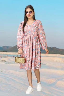 HouseOfCommon Women Fit and Flare Pink Above Knee/Mid Thigh Length Dress