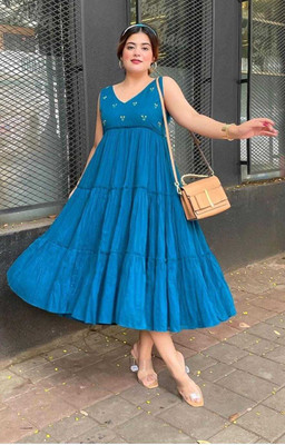 Shedika Women Fit and Flare Blue Midi/Calf Length Dress