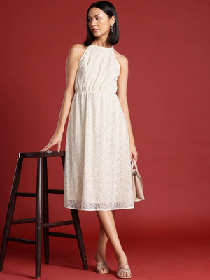 all about you Women A-line White Midi/Calf Length Dress