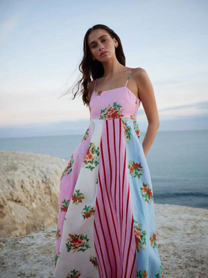 OUTZIDR Women Fit and Flare Pink, Blue Ankle Length Dress