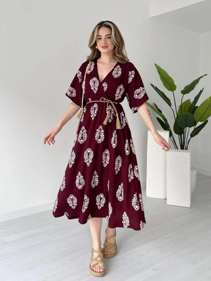 MANOJAVA Women Fit and Flare Maroon Midi/Calf Length Dress