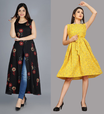 tanvi creation Women A-line Yellow, Black Midi/Calf Length Dress
