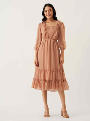 AASK Women Fit and Flare Beige Midi/Calf Length Dress