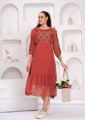 Highlight fashion export Women Fit and Flare Maroon Midi/Calf Length Dress