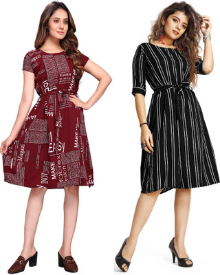 Gurudev fashion Women A-line Beige, Maroon, White Knee Length Dress