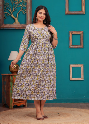 COTTON MULMUL STORE Women A-line Grey Midi/Calf Length Dress