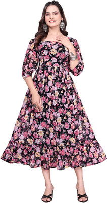 JYOTESTORE Women Fit and Flare Pink Midi/Calf Length Dress