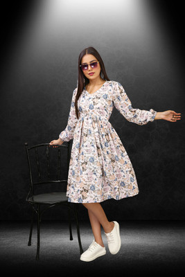 HOC's Women Fit and Flare White Below Knee Dress