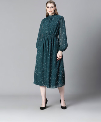 OXOLLOXO Women A-line Dark Blue, White Midi/Calf Length Dress