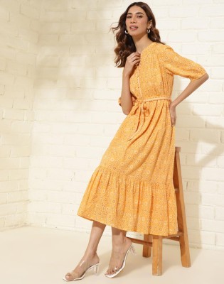 Fabindia Women Fit and Flare Yellow Dress