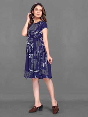 Gurudev Fashiion Women Fit and Flare Dark Blue Above Knee/Mid Thigh Length Dress