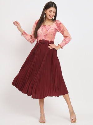 ZWERLON Women A-line Maroon Midi/Calf Length Dress