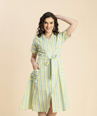 moomaya Women A-line Blue, Yellow Knee Length Dress