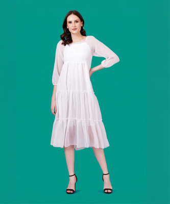 JC4U Women Gathered White Midi/Calf Length Dress
