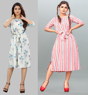 tanvi creation Women Fit and Flare White Below Knee Dress