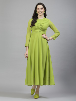 AAYU Women Fit and Flare Light Green Maxi/Full Length Dress