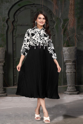 SHCON Women Fit and Flare White, Black Below Knee Dress